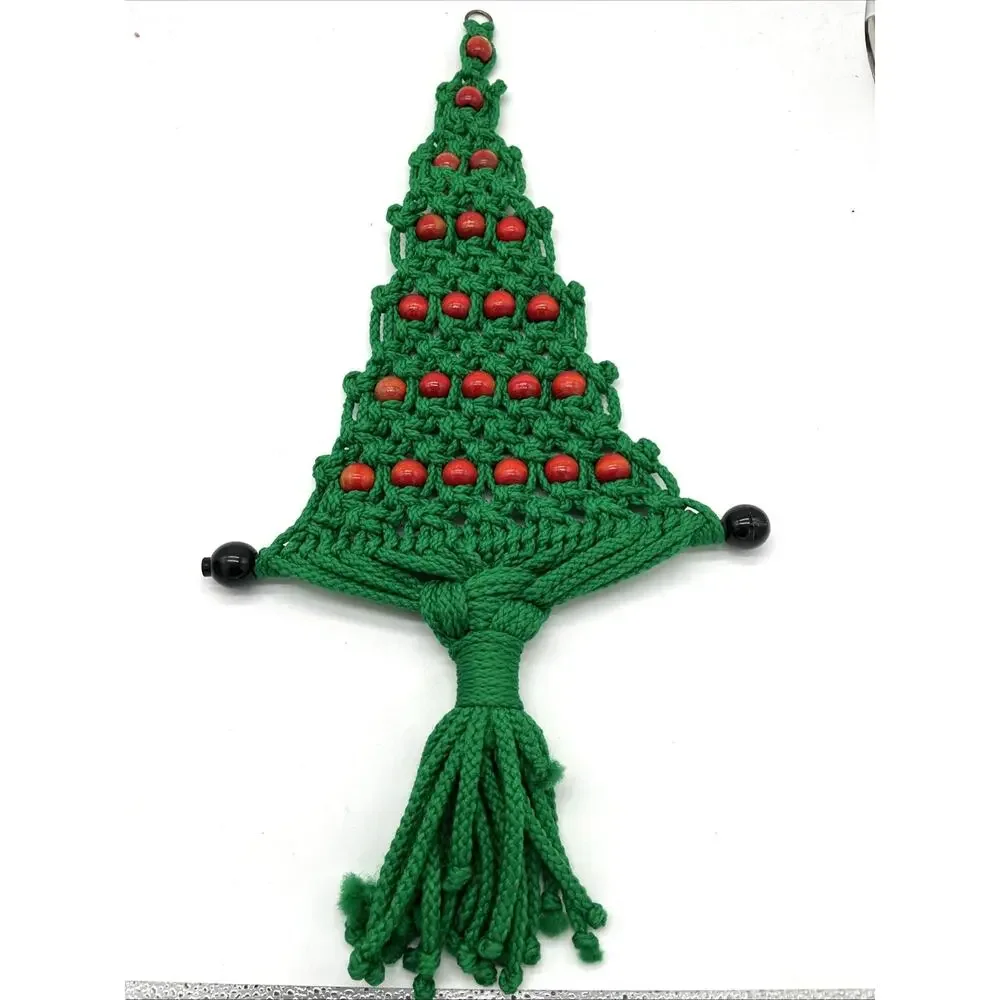vintage handmade macrame Christmas Tree W Wood Beads Wall Hanging 30”x14” Boho